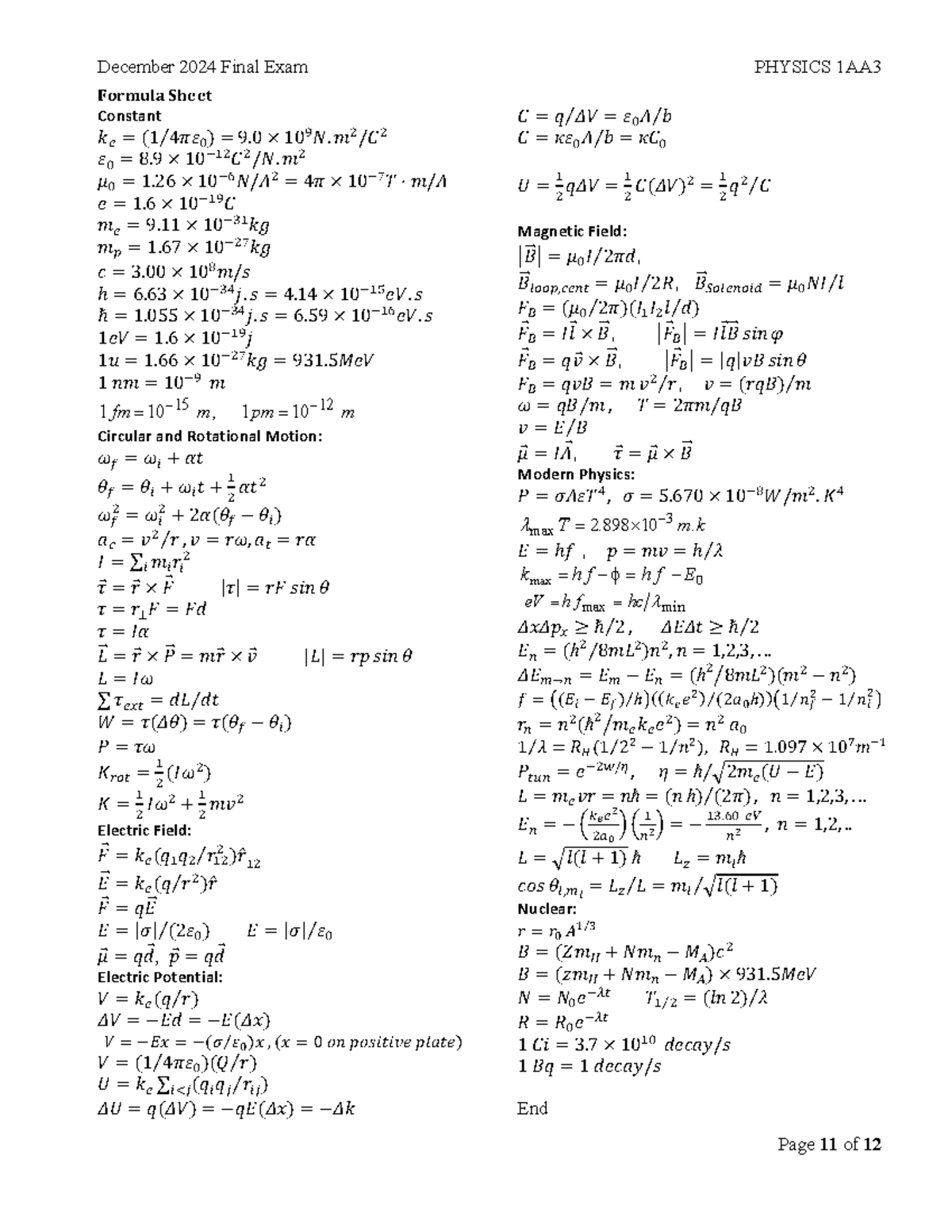PHYSICS 1AA3 December 2024 Final Exam Formula Sheet - Studocu