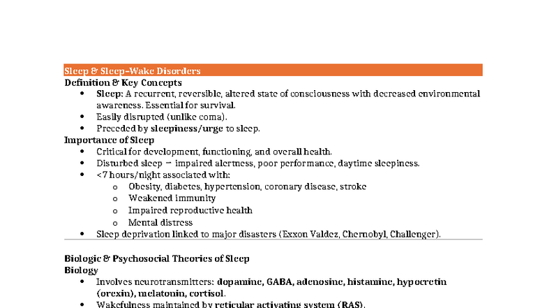 Sleep and Sleep-Wake Disorders Overview (NUR 101) - Studocu