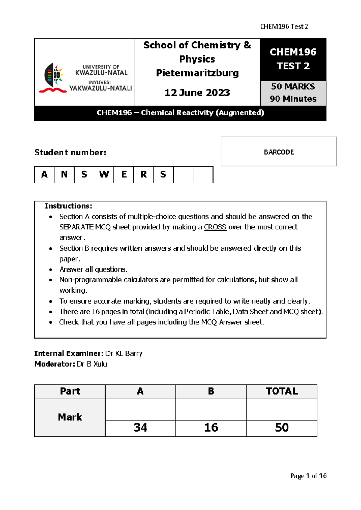 CHEM196 Summative Test 2 2023 Answers - Student number: Instructions ...