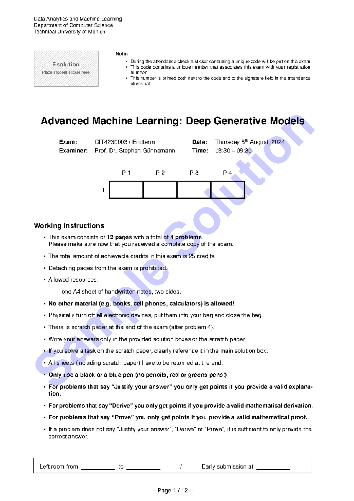 Advanced Machine Learning Exam P1 - Solutions for 2024 - Studocu