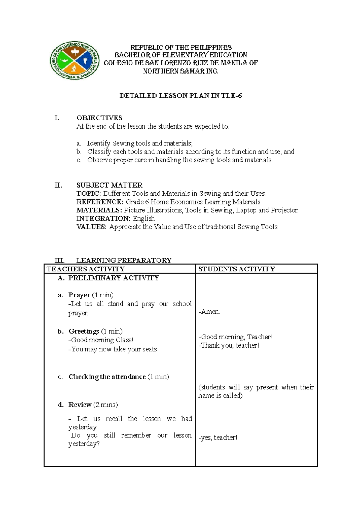Detailed Lesson Plan: Sewing Tools & Materials (BEE 101) - Studocu