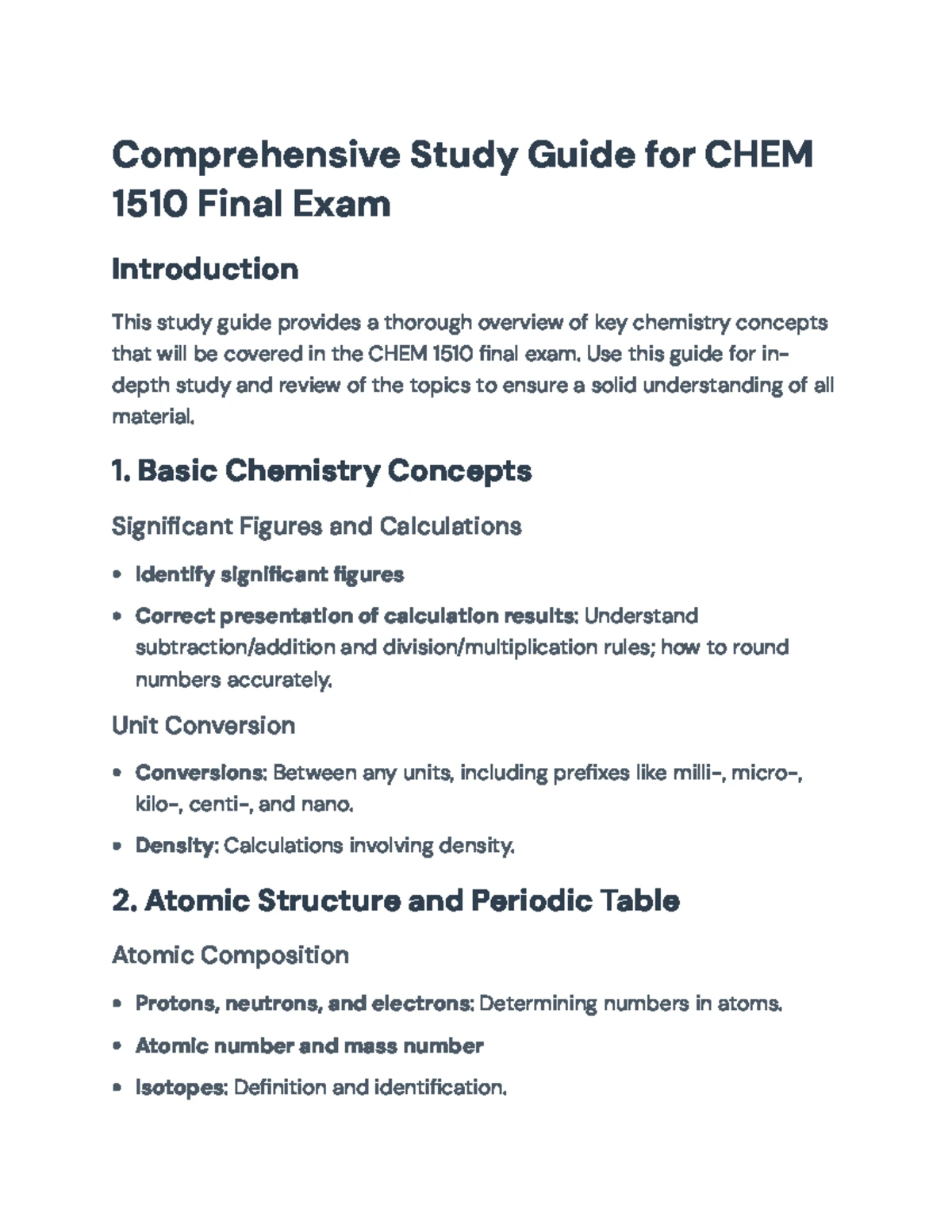 CHEM 1510 - Spring 2024 Exam 2 Study Guide on Key Concepts - Studocu