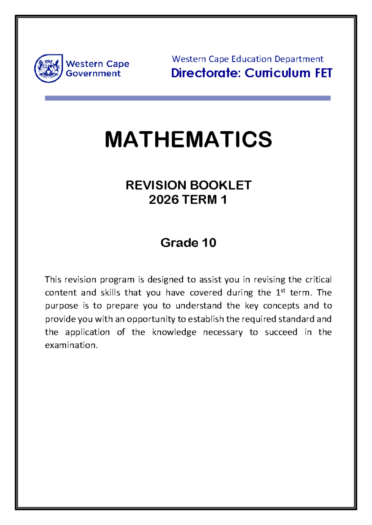 Mathematics Grade 10 Term 1 Revision Booklet 2026 - Studocu