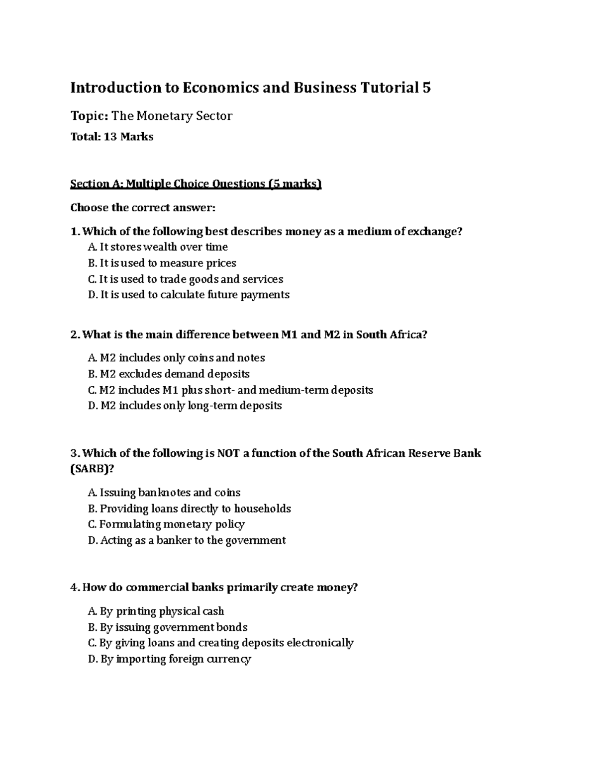 ECO101: Tutorial 5 - The Monetary Sector Overview and MCQs - Studocu