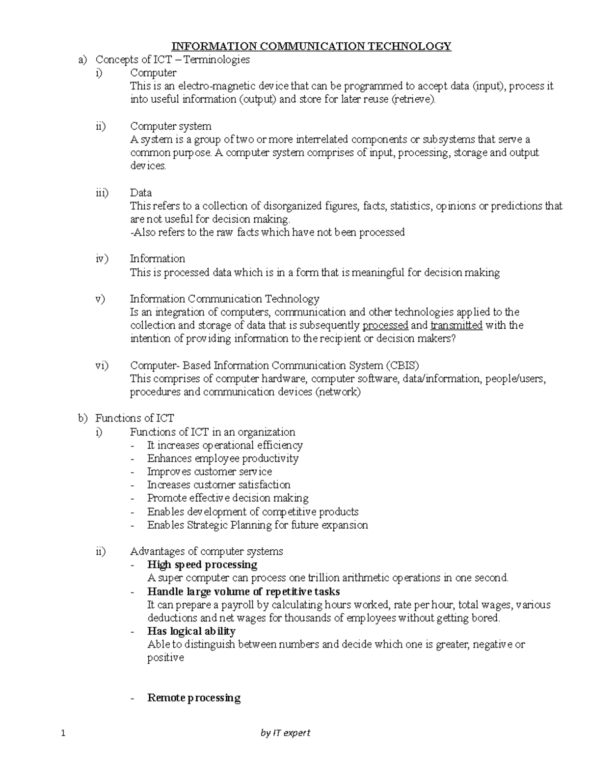 ICT Concepts and Functions: A Comprehensive Overview for IT 101 - Studocu