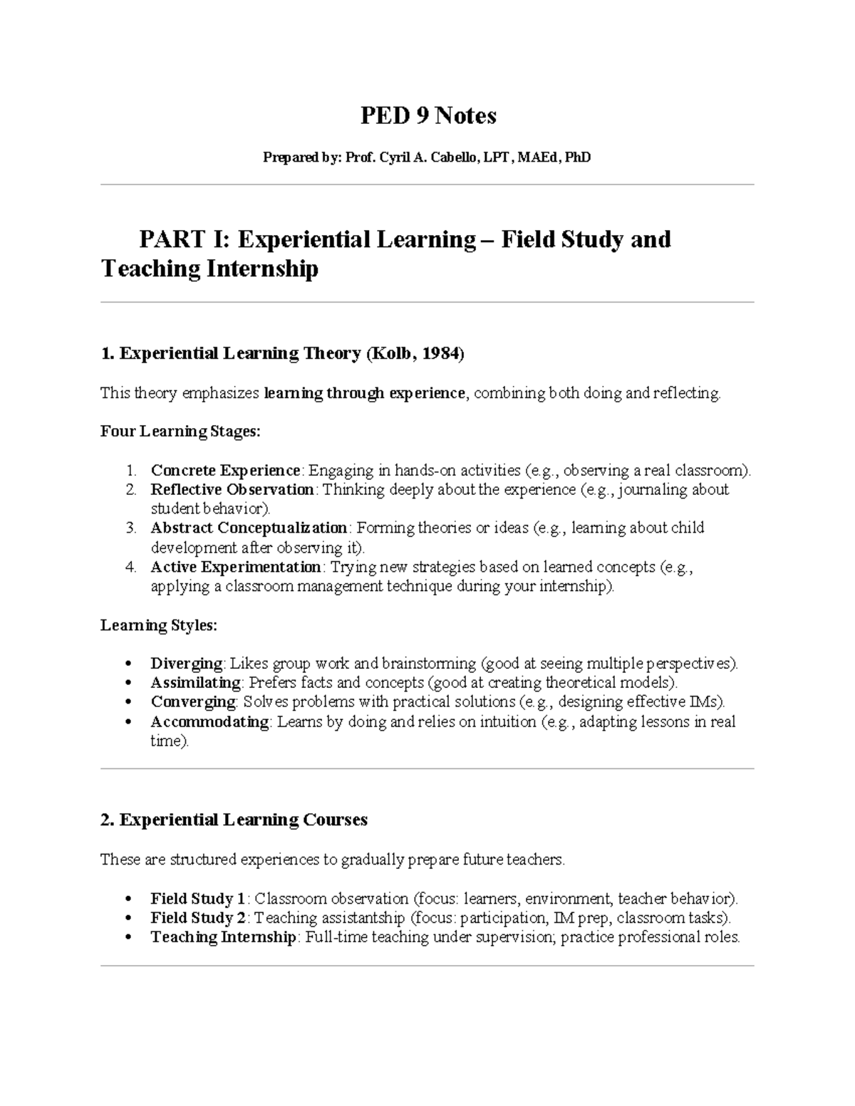 PED 9 Final Exam Notes: Experiential Learning & Action Research - Studocu