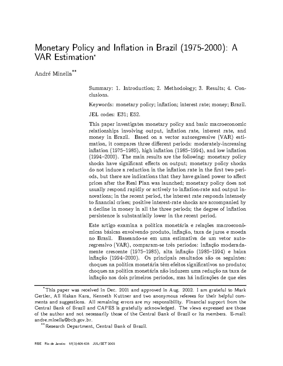 Monetary Policy and Inflation in Brazil (1975-2000): Insights from VAR ...