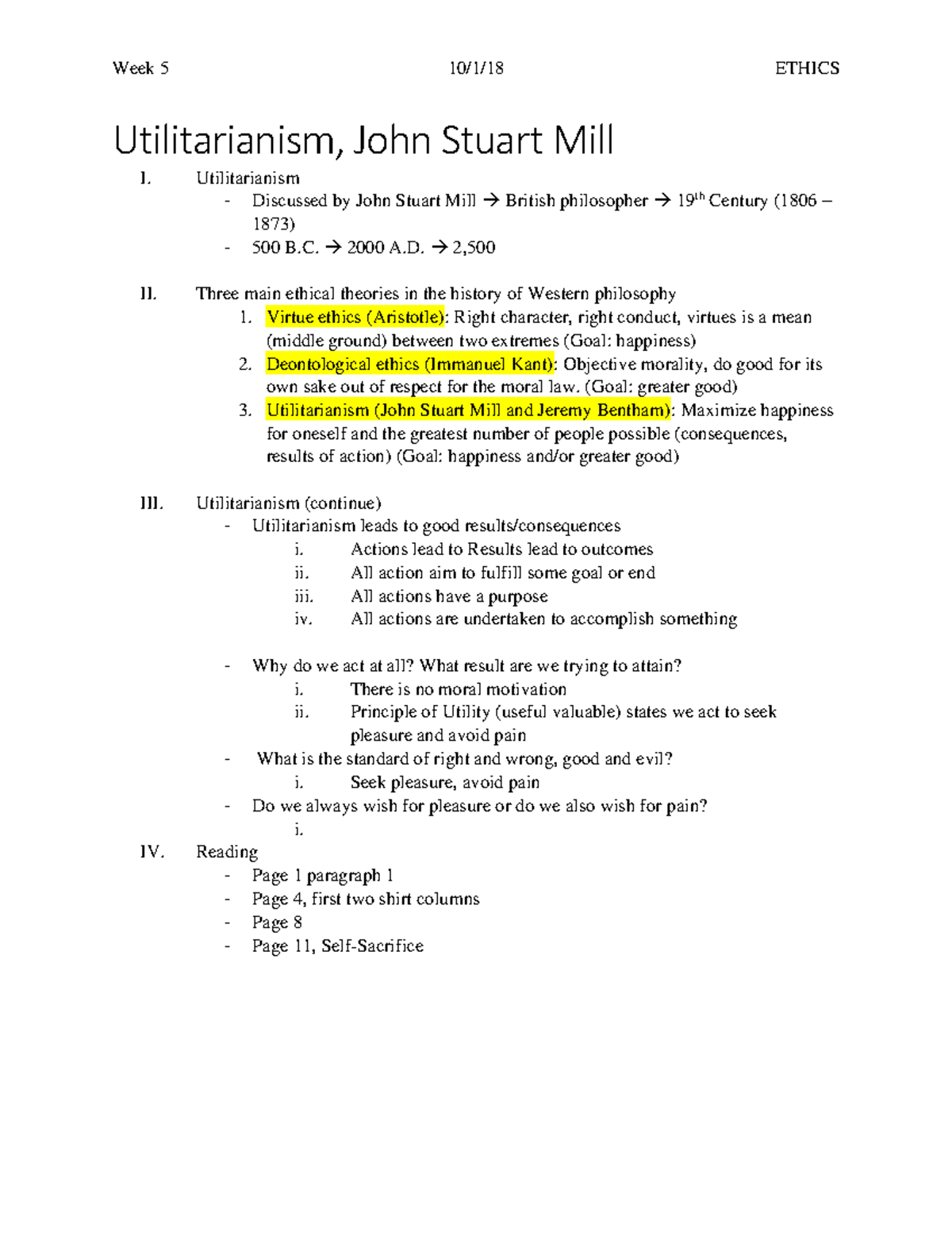 Week 5-Lecture Notes - Week 5 10/1/18 ETHICS Utilitarianism, John ...