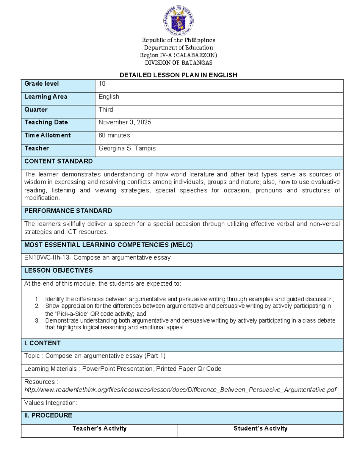 Detailed Lesson Plan in English 10: Argumentative Essay Focus - Studocu