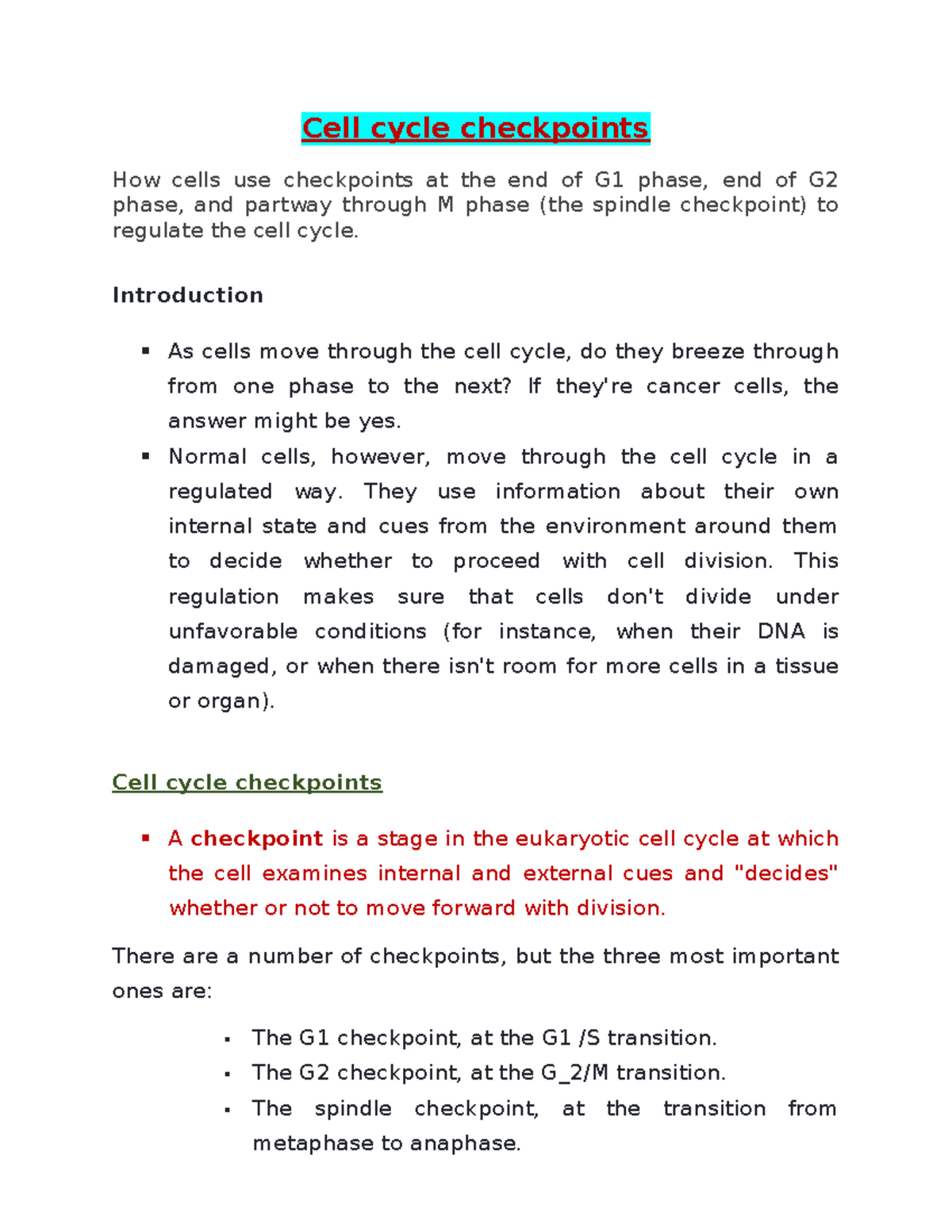 Cell cycle checkpoints - Introduction As cells move through the cell ...