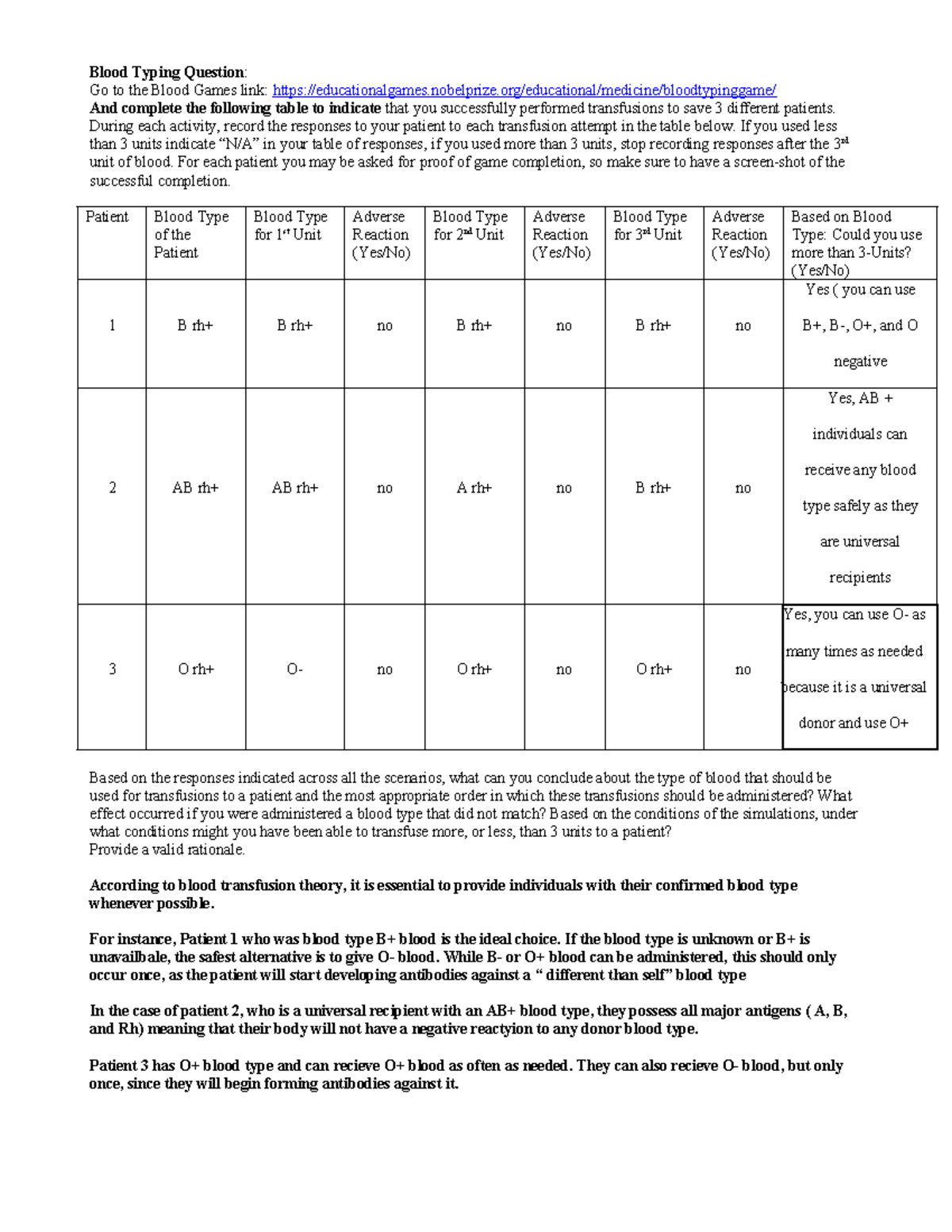 Blood Typing Simulation Report: Patient Transfusion Analysis - Studocu
