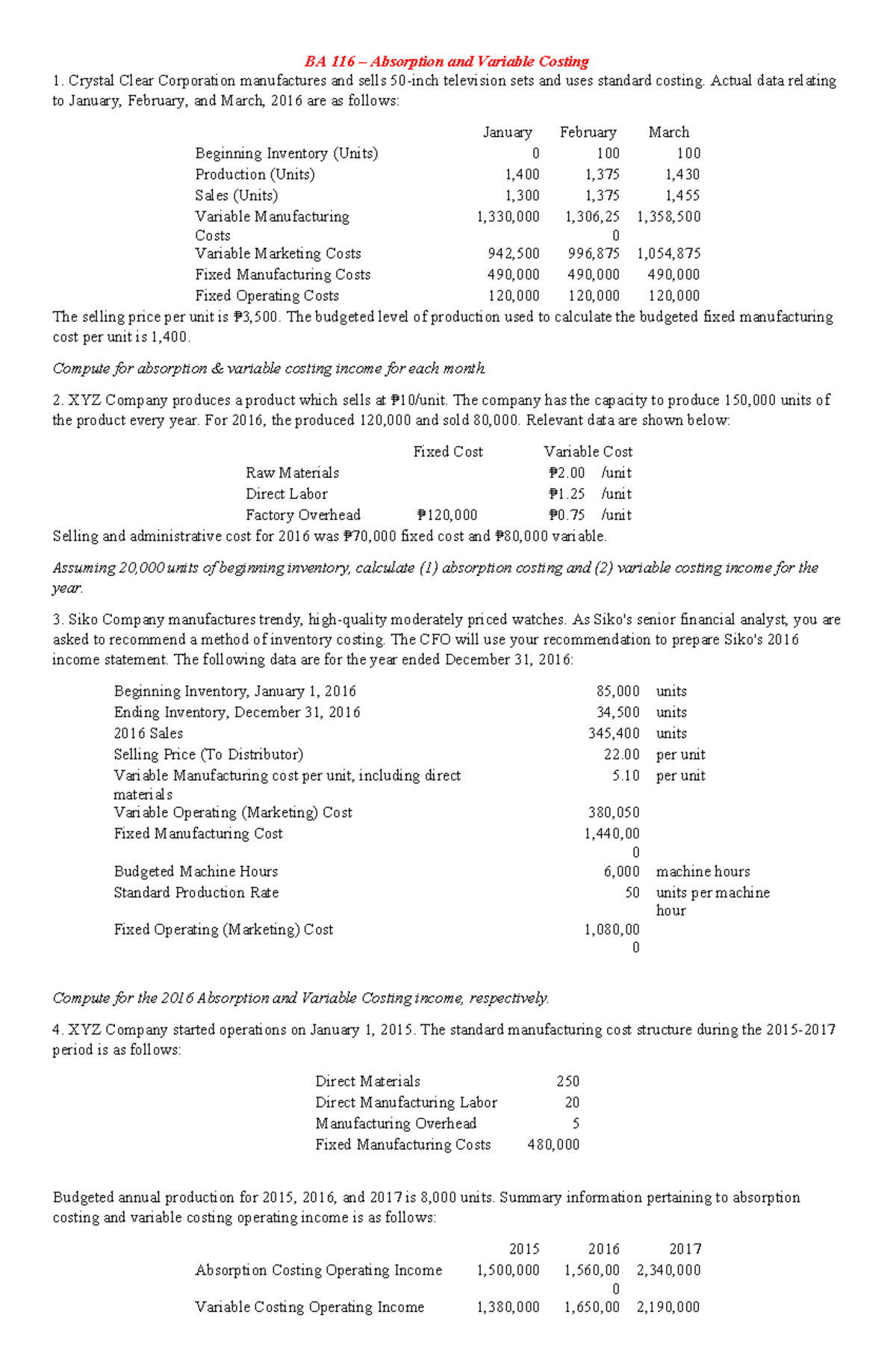 BA 116 Absorption and Variable Costing Analysis and Computations - Studocu