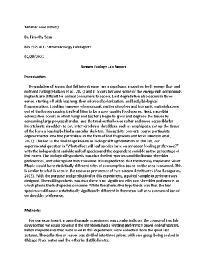 Bio-Stream Ecology Lab Report - Nika Kaiser February 23, 2020 Stream ...