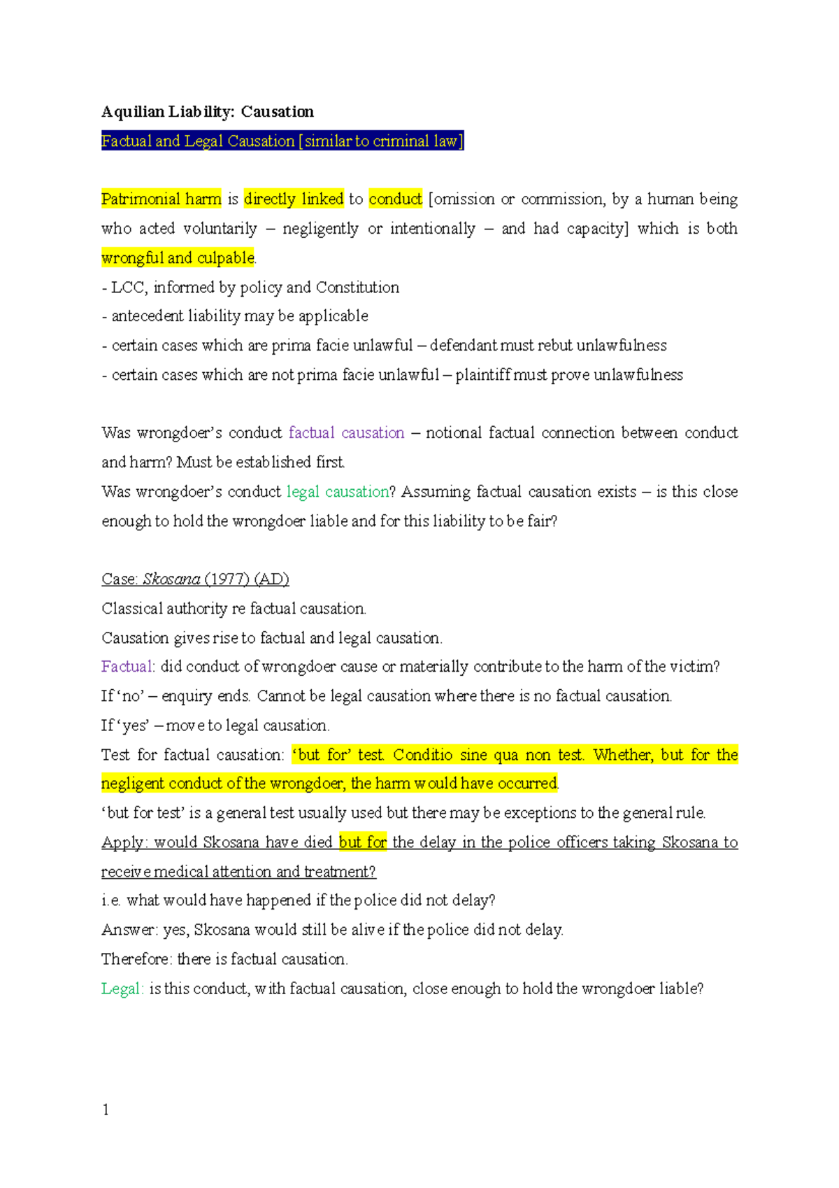 Week 8 Notes on Aquilian Liability: Causation in Delict Studies - Studocu