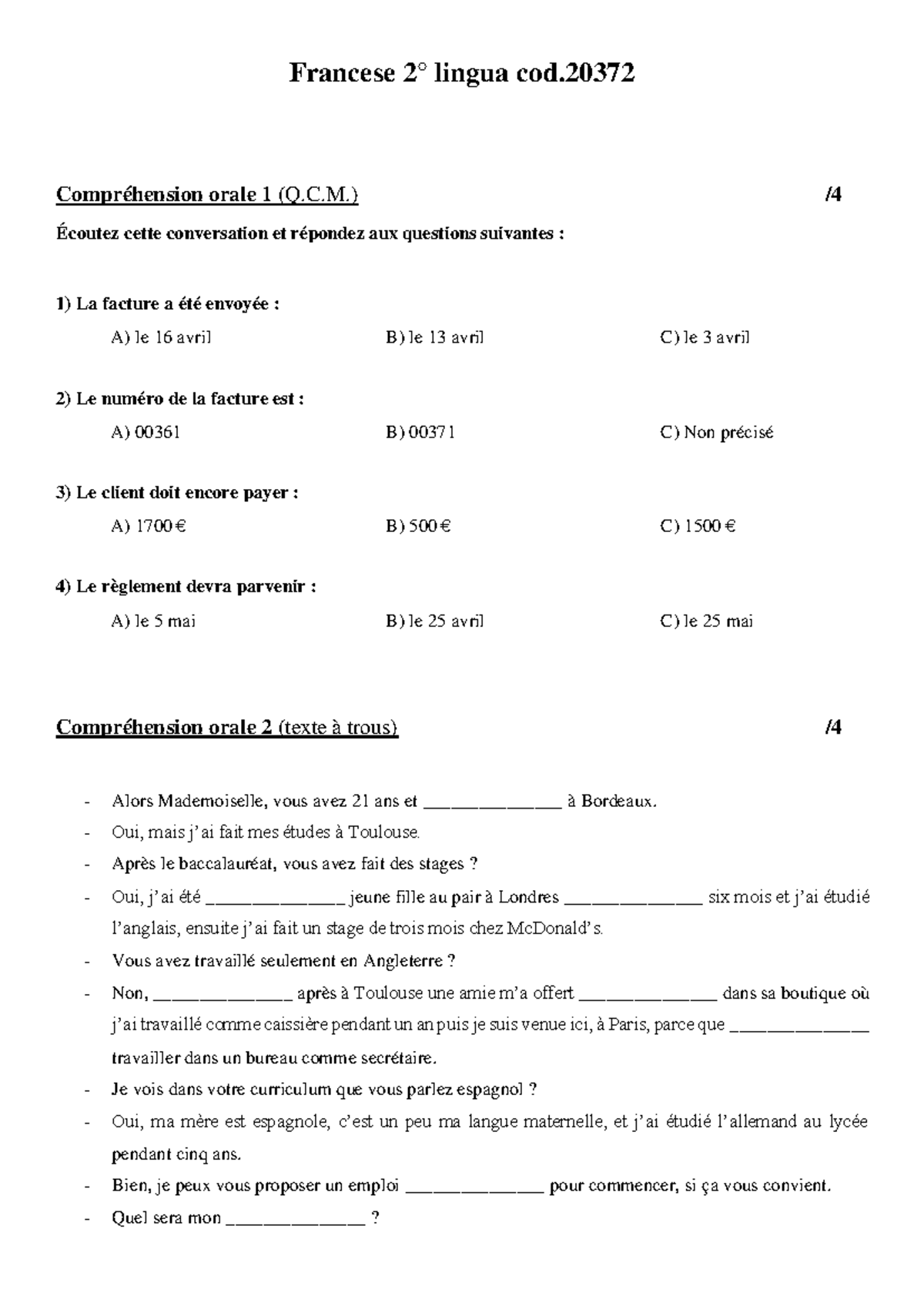 Francese langue cod.20372 Compréhension orale et écrite - Examen 2 ...