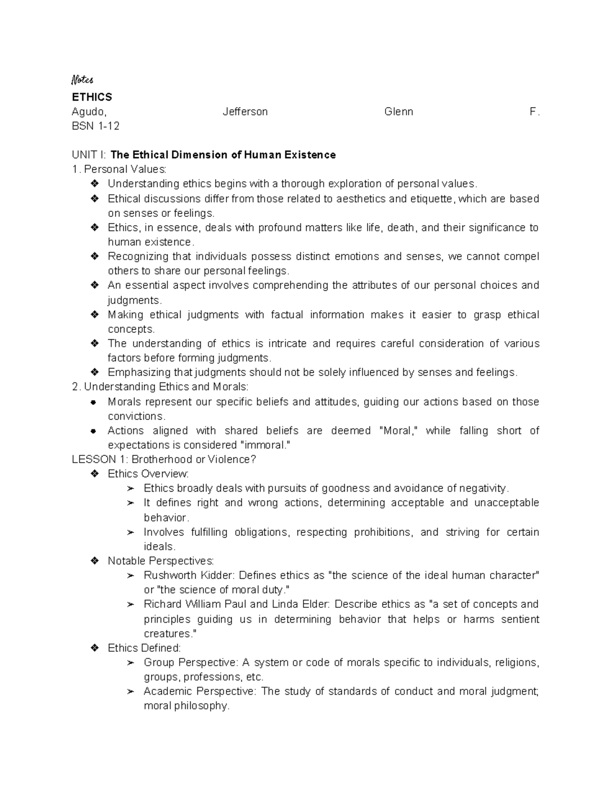 BSN 1- Ethics: Comprehensive Lesson Notes on Moral Philosophy - Studocu