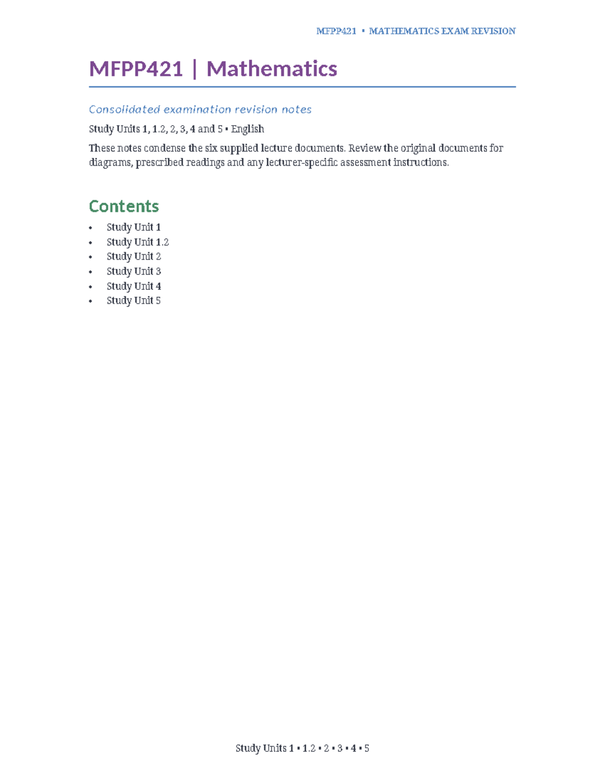 MFPP421 Mathematics Exam Revision Notes - Studocu