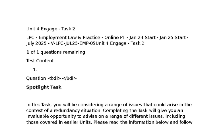 Unit 4 Engage Task 2: Redundancy Issues in LPC Employment Law - Studocu