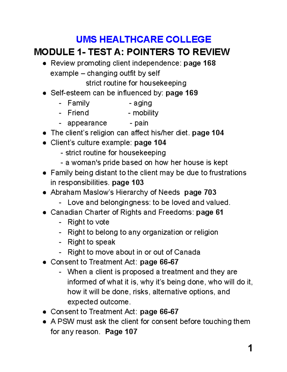 Module 1 Pointers - Test A, B, C Review for UMS Healthcare College ...