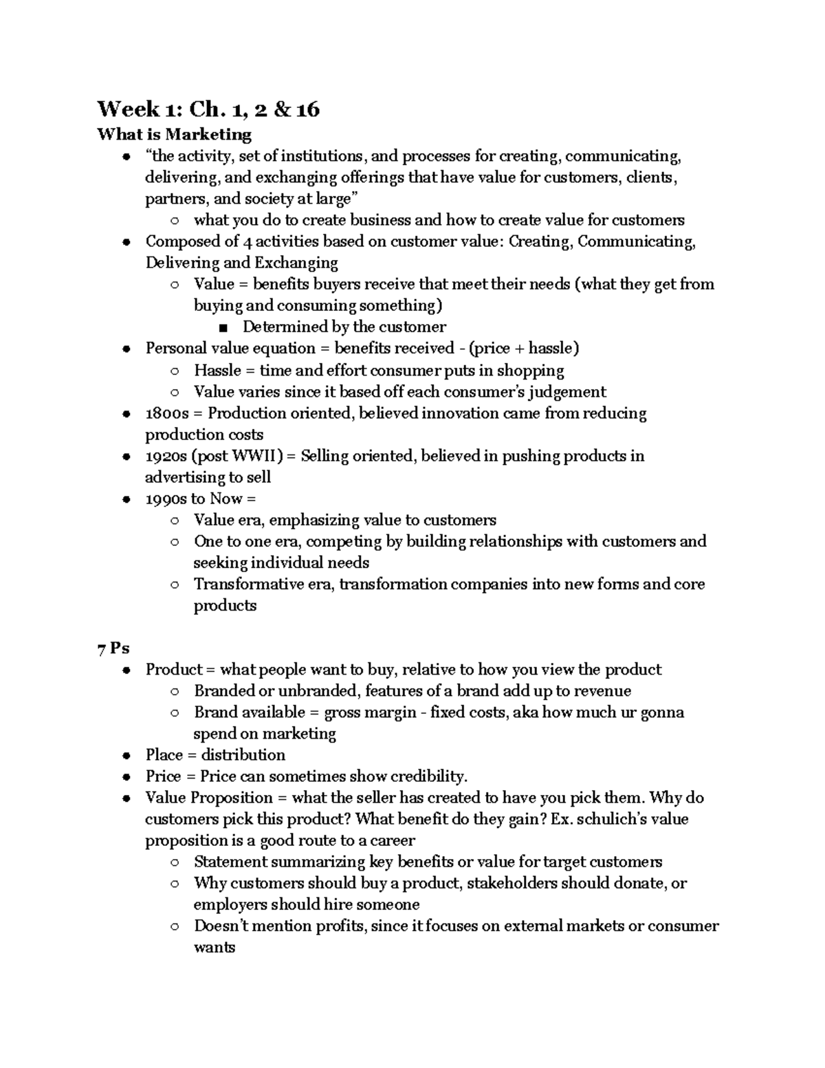 MKTG 101: Week 1 Lecture Notes on Marketing Concepts and Strategies ...