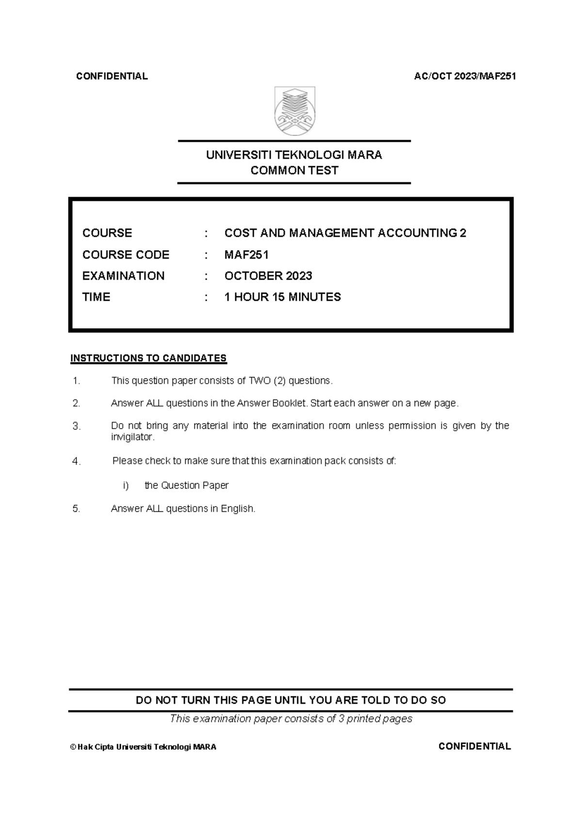 MAF251 Common Test: Cost & Management Accounting - Oct 2023 - Studocu