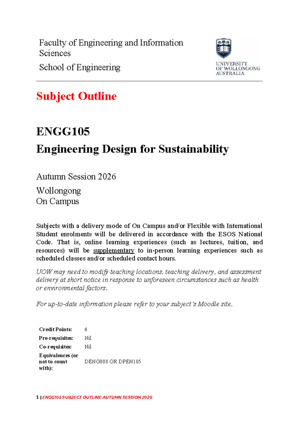 ENGG105 Subject Outline: Engineering Design for Sustainability - Autumn ...