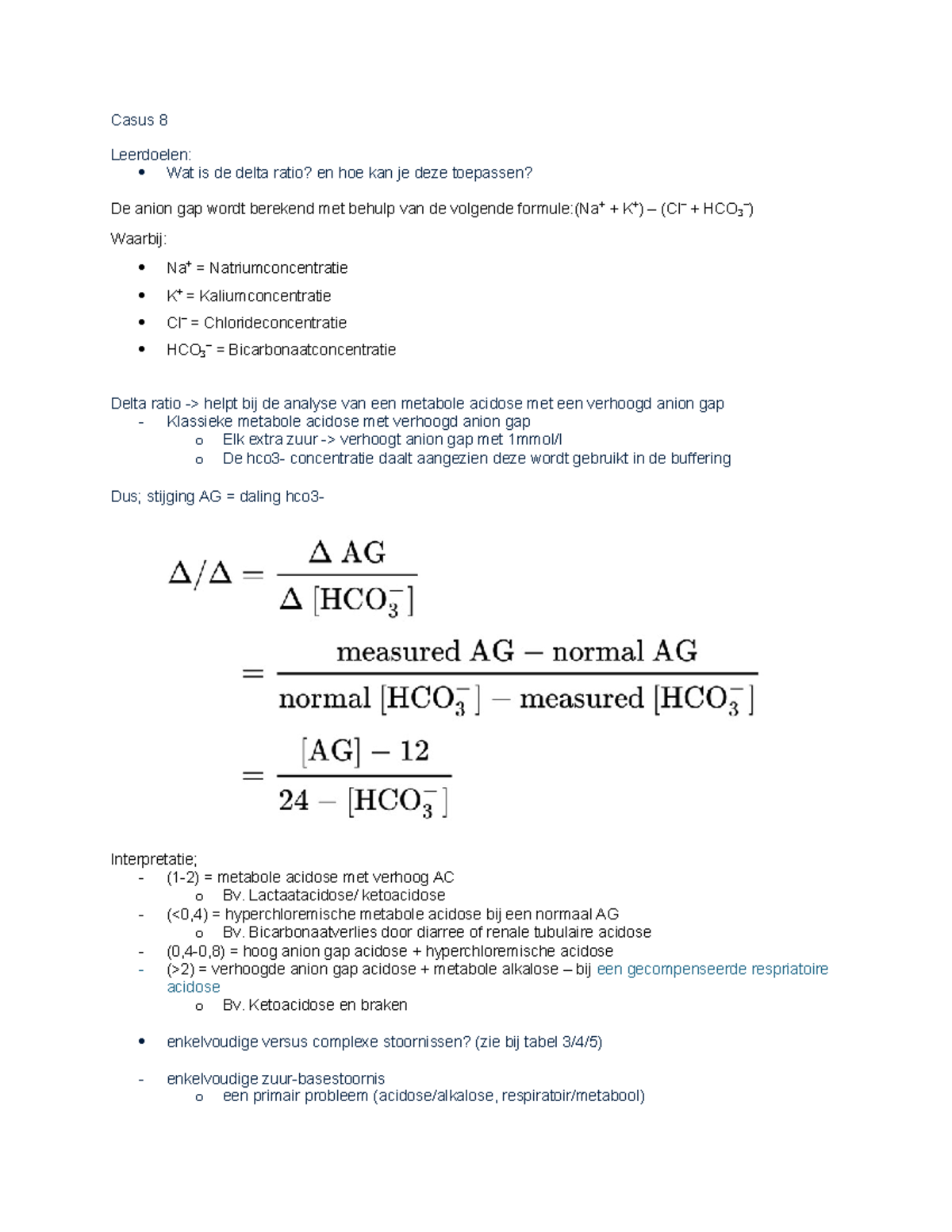 Casus 8: Delta Ratio en Anion Gap in Metabole Acidose Analyse - Studeersnel