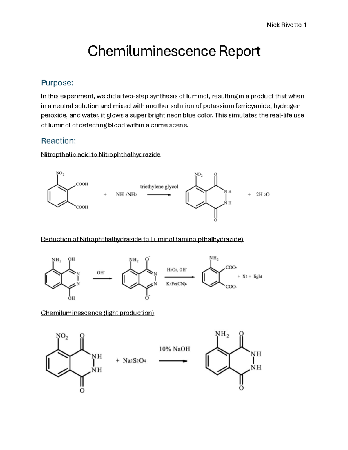 Chem 101: Chemiluminescence Report on Luminol Synthesis - Studocu