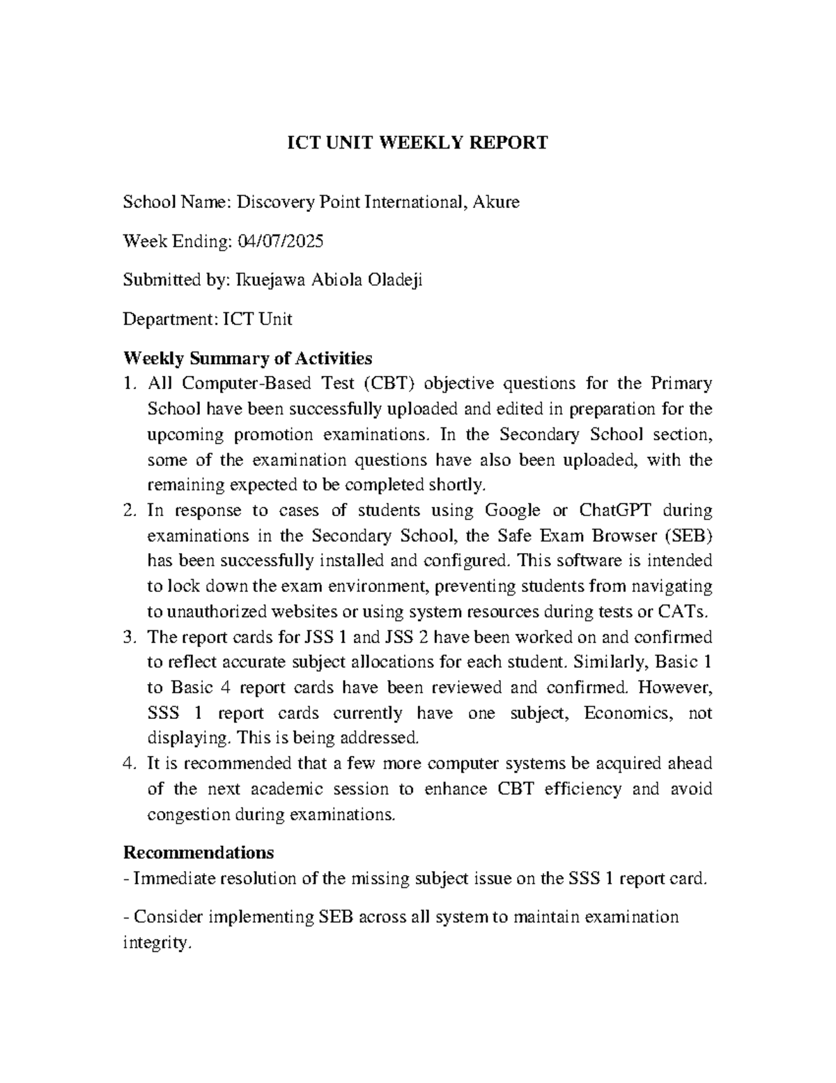 ICT UNIT WEEKLY REPORT - 04 JULY 2025 - Studocu