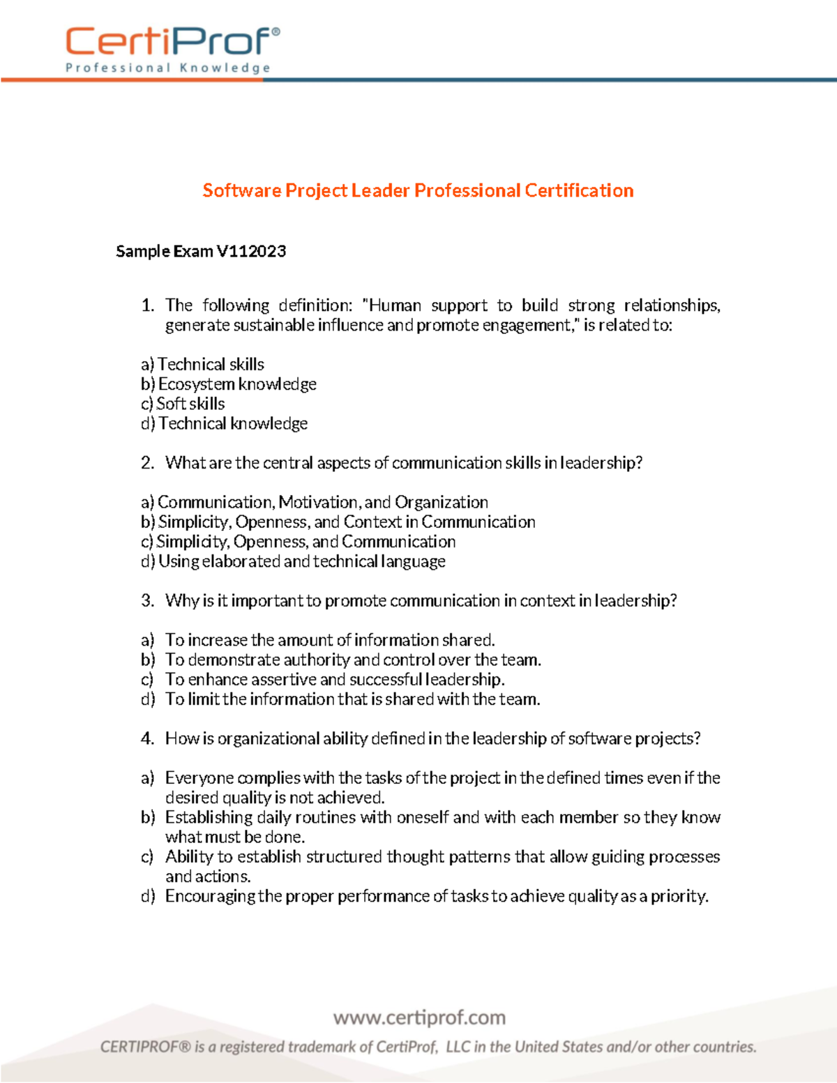 Sample Exam for Software Project Leader Cert. SPLPC (V1 2023) - Studocu
