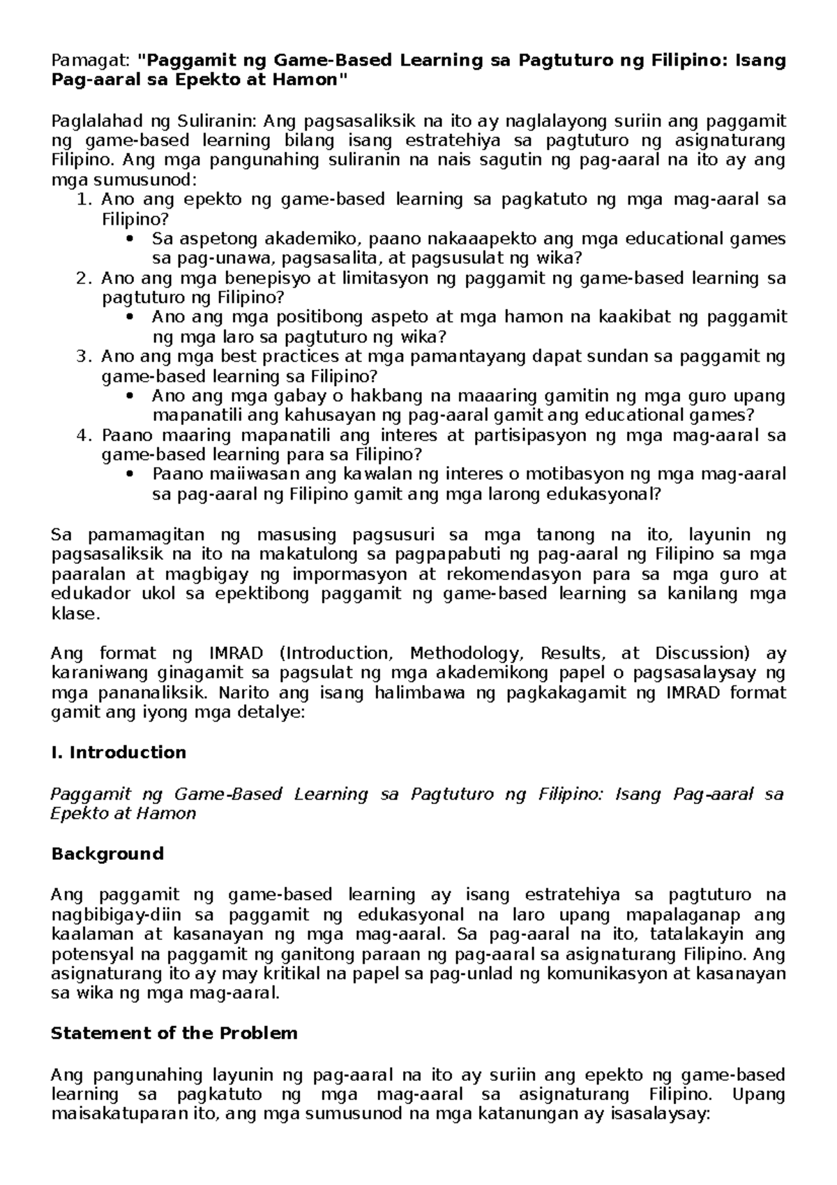 GAME-BASED LEARNING SA FILIPINO: EPEKTO AT HAMON NG PAGSASANAY - Studocu