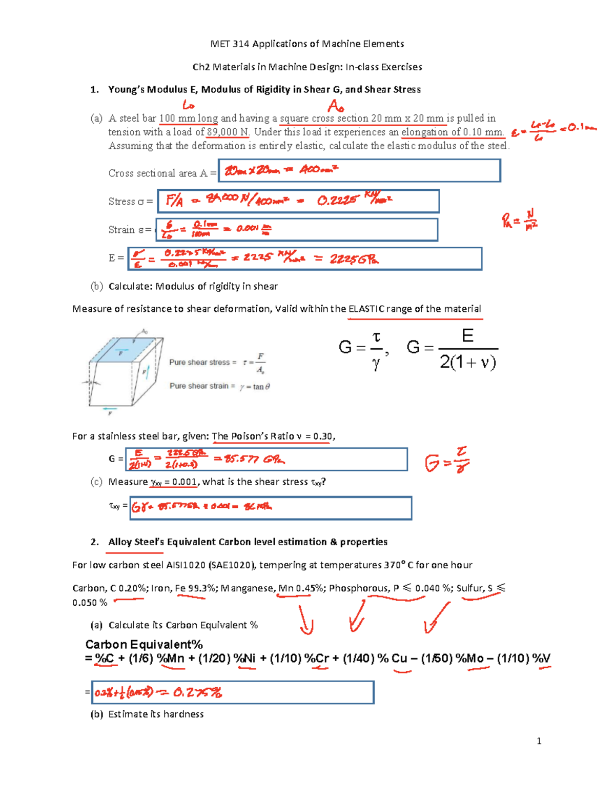 MET 314 Lecture 4 In-Class Exercise: Machine Elements & Materials - Studocu