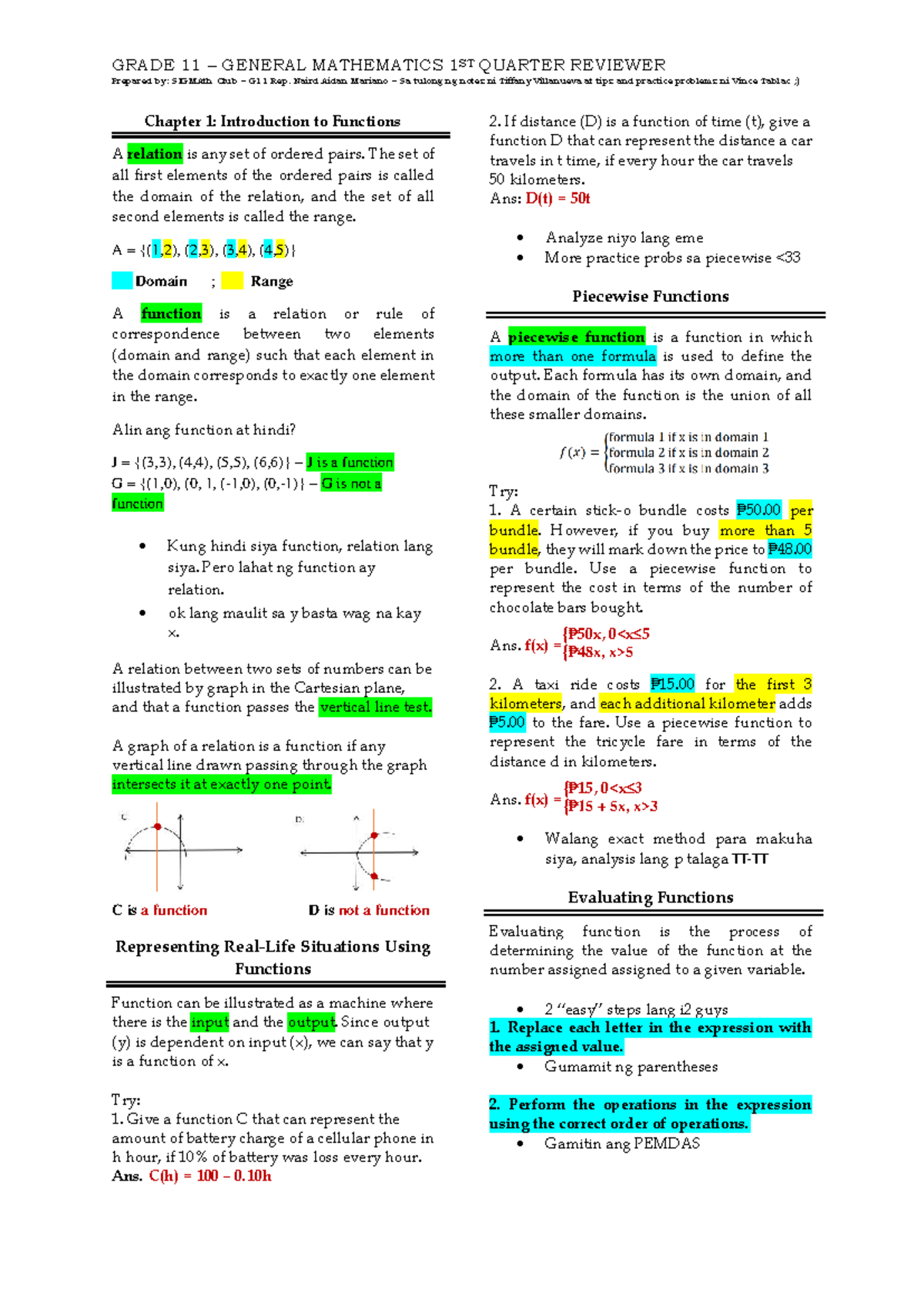 GRADE 11 GENERAL MATHEMATICS 1ST QUARTER REVIEWER - Studocu