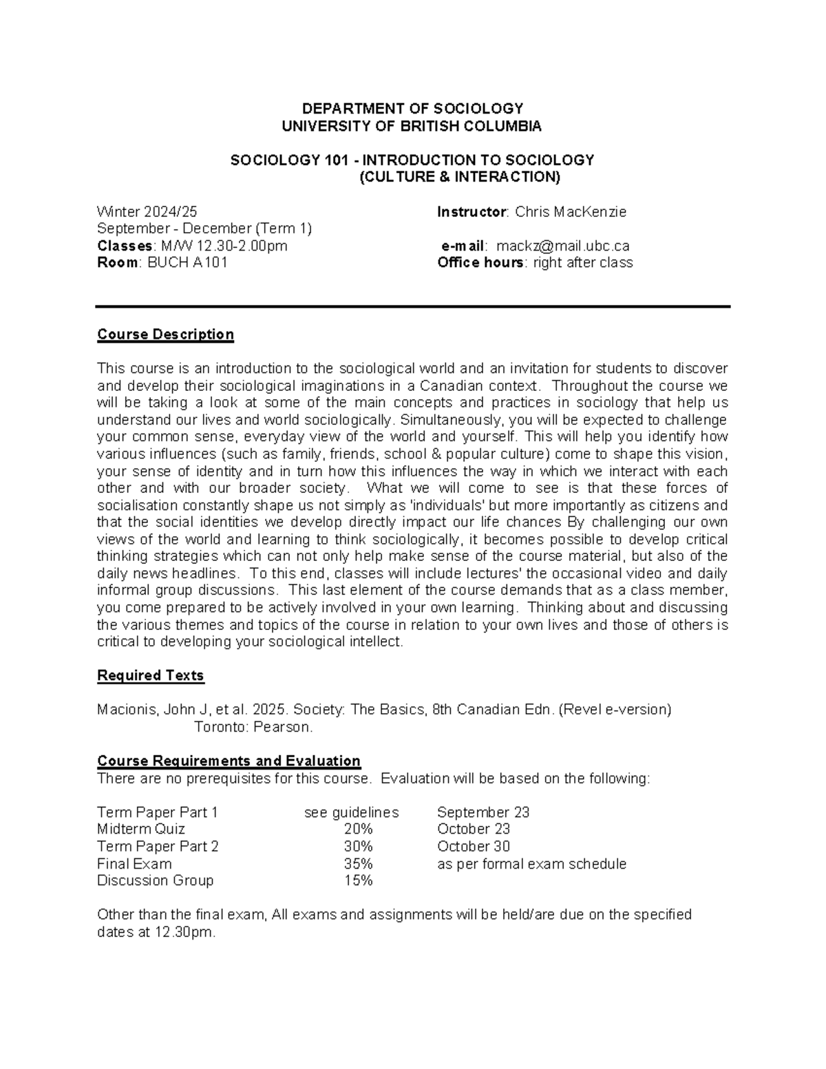 Sociology 101: Course Outline for Winter 2024/25 Session - Studocu