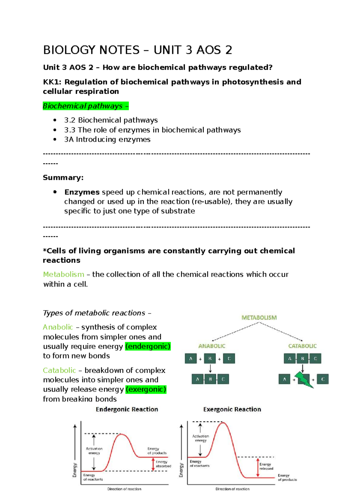 Biology Notes: Unit 3 AOS 2 - Regulation of Biochemical Pathways - Studocu