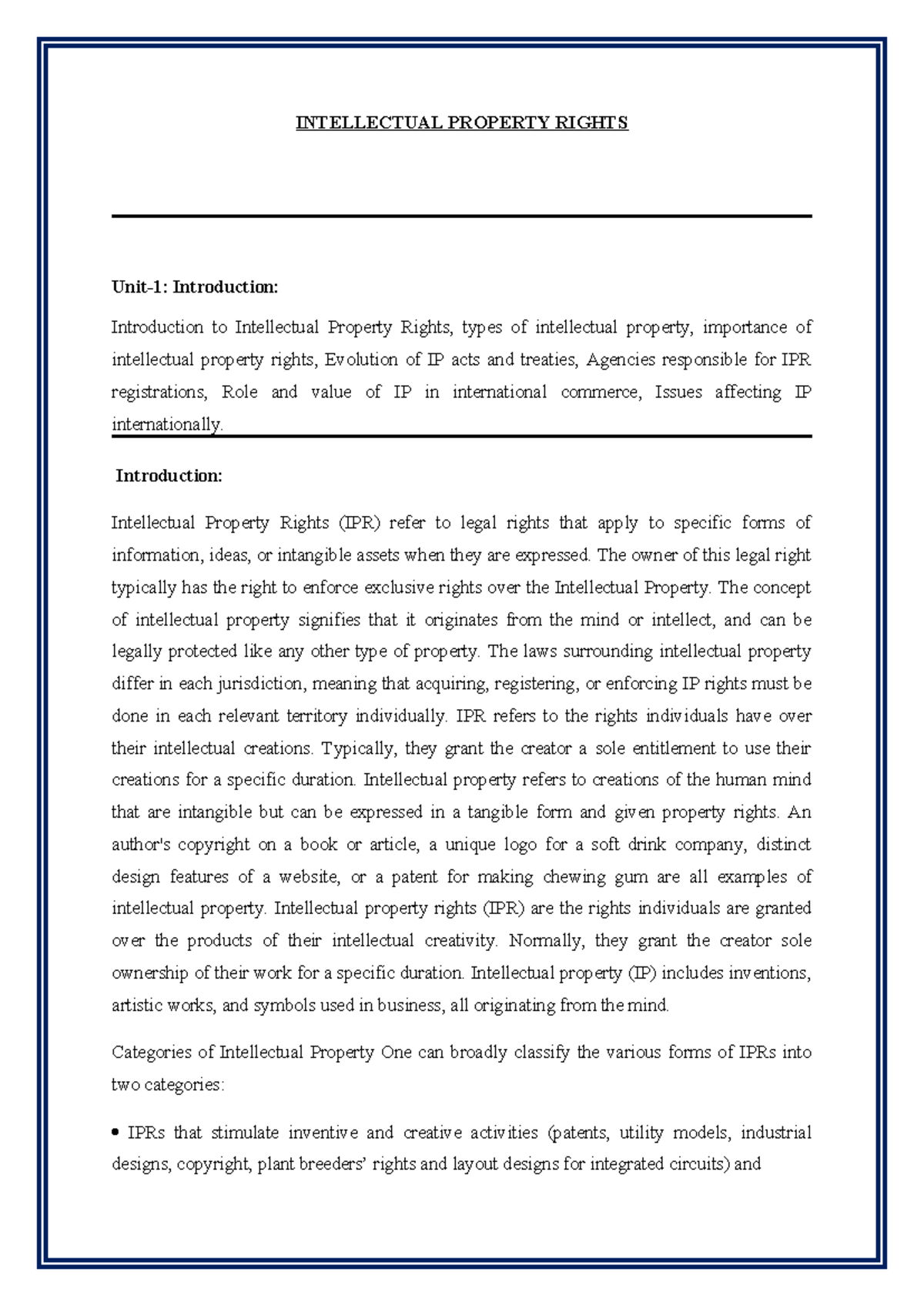 IPR UNIT-1: Comprehensive Overview of Intellectual Property Rights ...