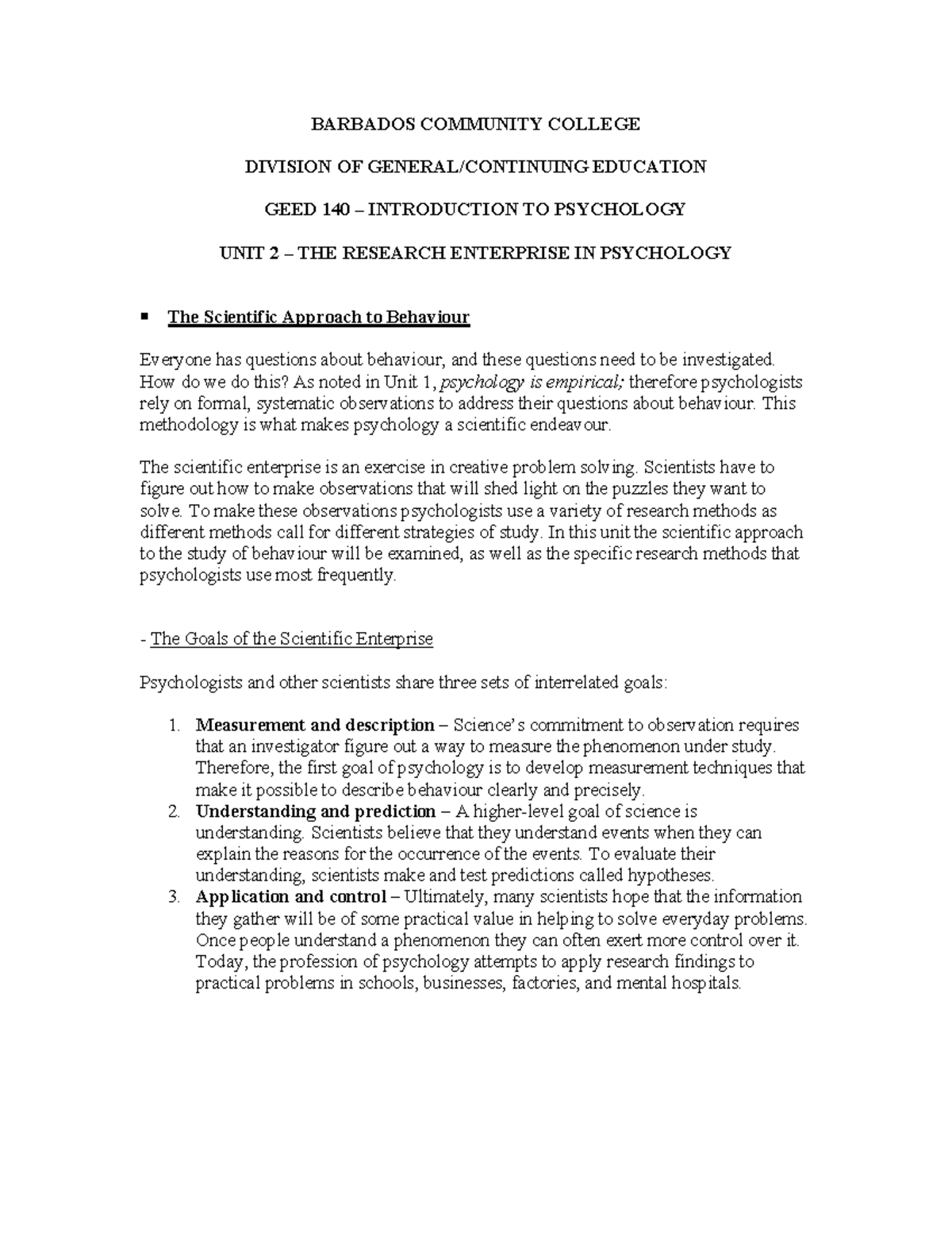 GEED 140 - Intro to Psychology - Unit 2 Lecture Notes on Research ...
