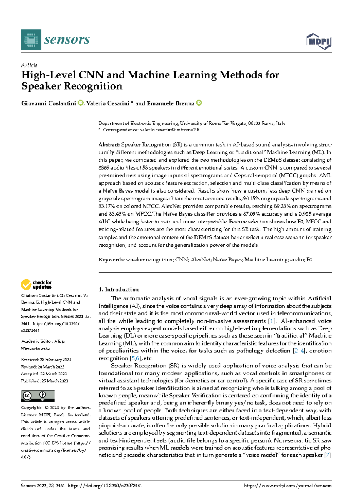 CNN and ML Approaches for Speaker Recognition in Sensors 2023 ...