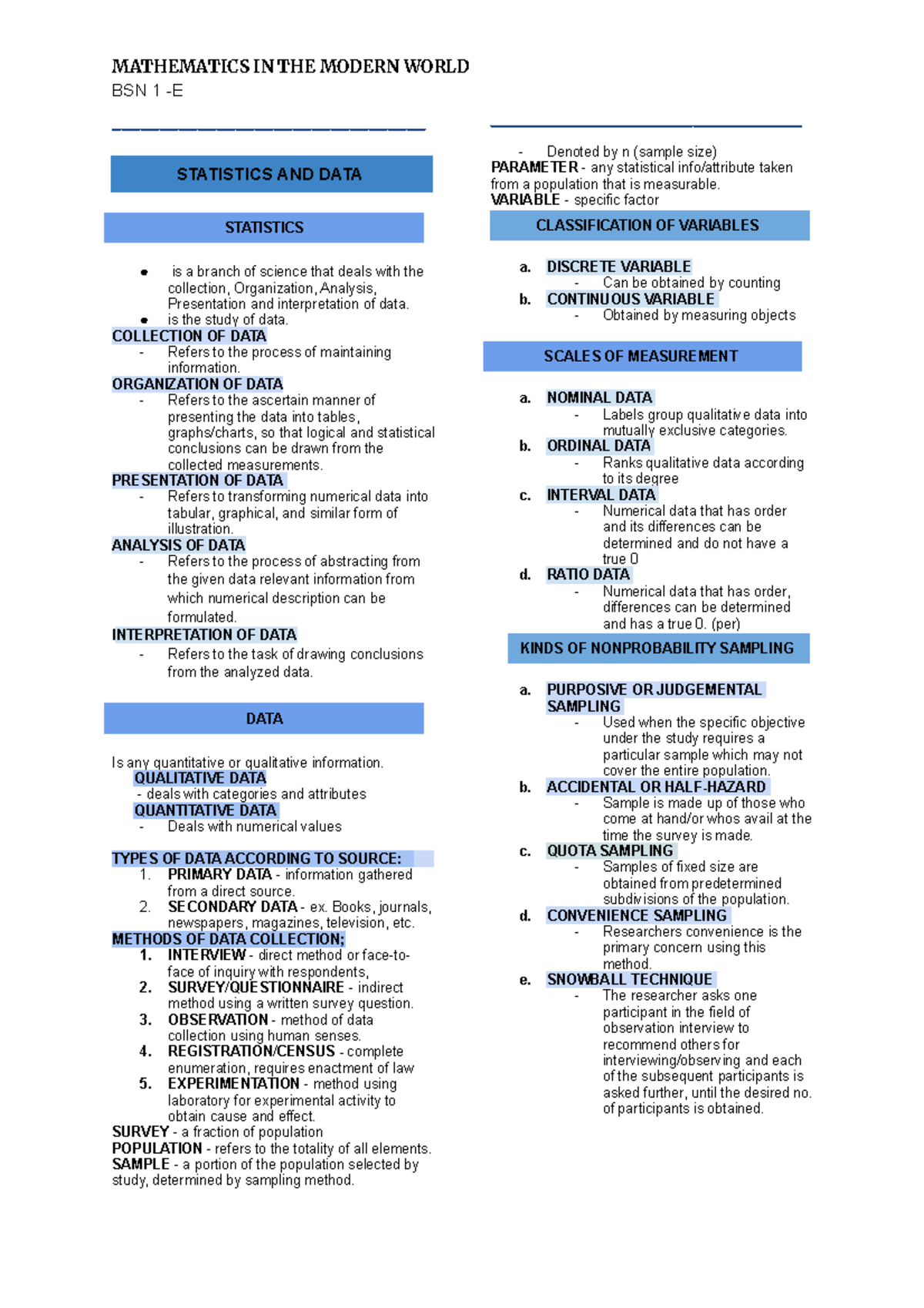 MMW - BSN 1-E Statistics & Data Analysis Notes - Studocu