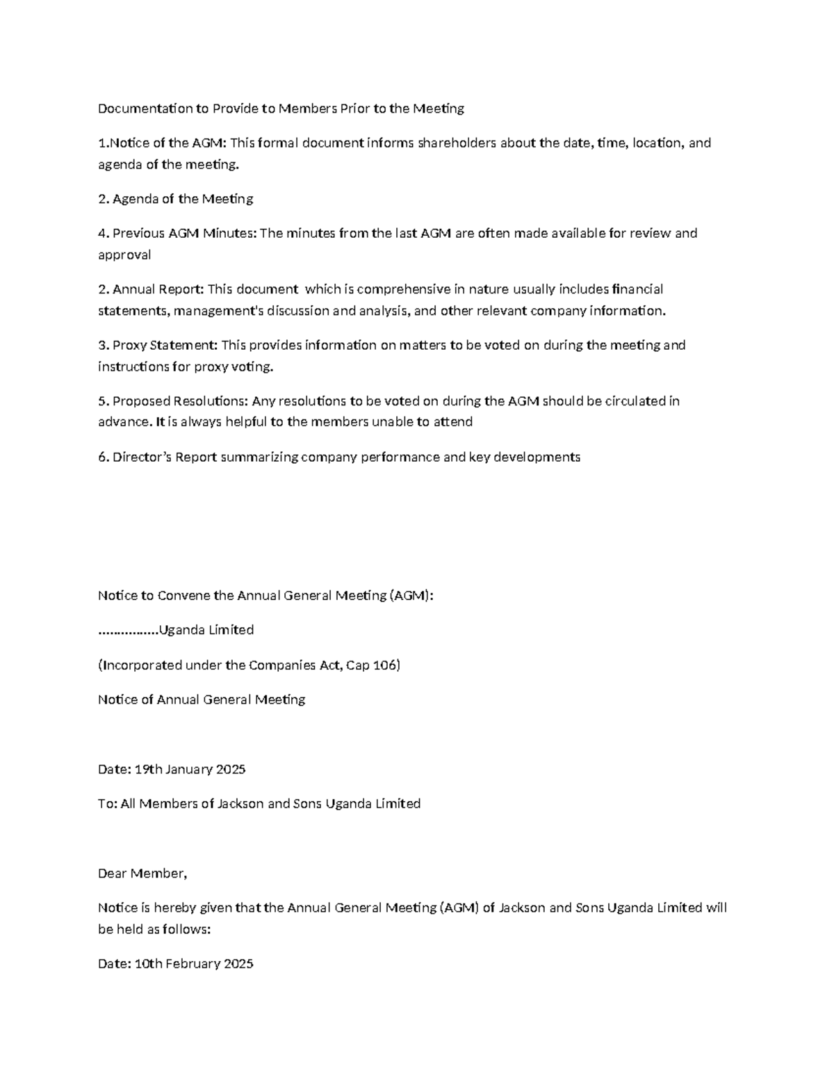 Task 4 on company meeting - Documentation to Provide to Members Prior ...