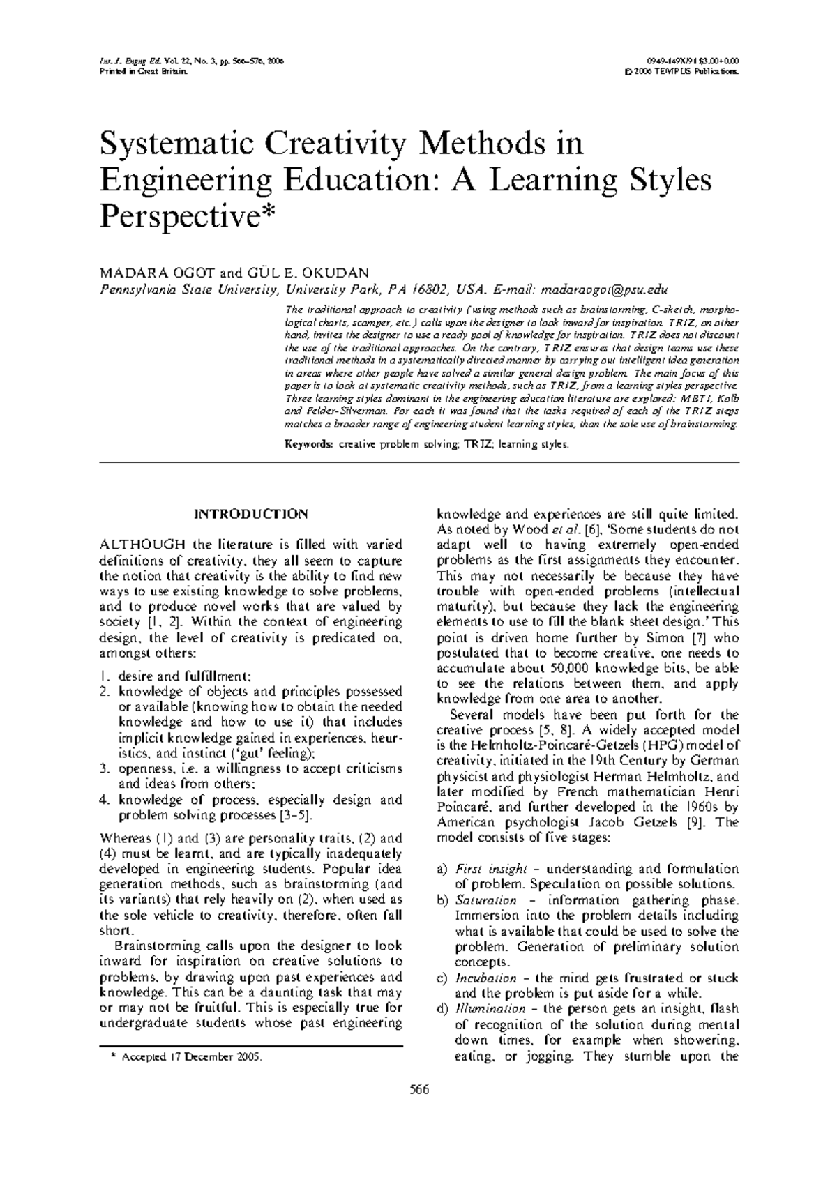 Systematic Creativity Methods in Engineering Education: Learning Styles ...