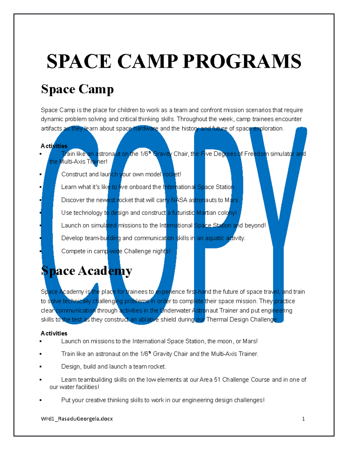Wrd1Space Word document - SPACE CAMP PROGRAMS Space Camp Space Camp is ...