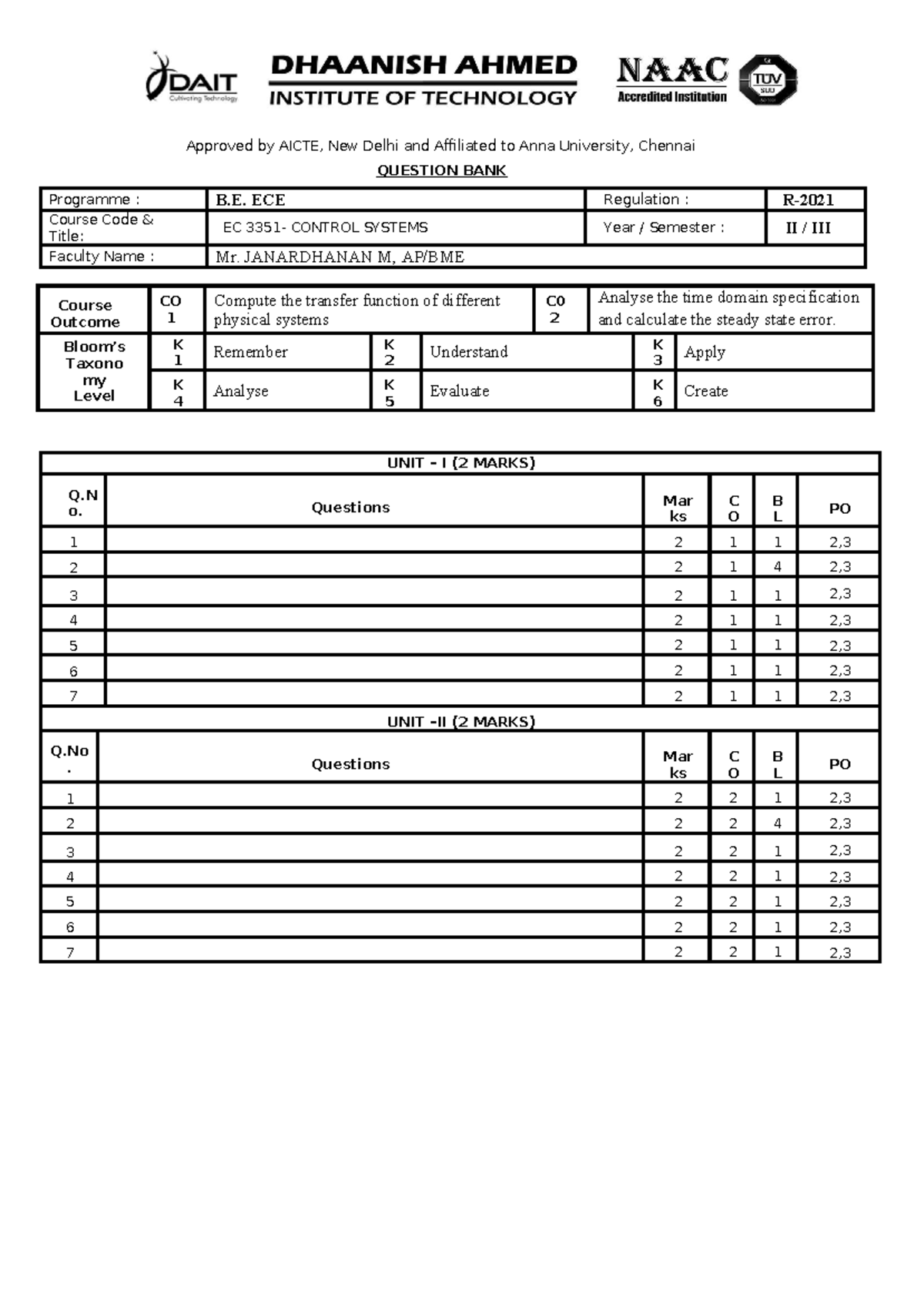 IAT 2 - CS - EC3351 - Control Systems Question Bank - Studocu
