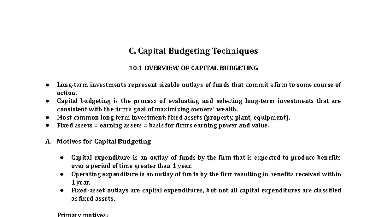 C. Capital Budgeting Techniques: Overview and Key Concepts - Studocu