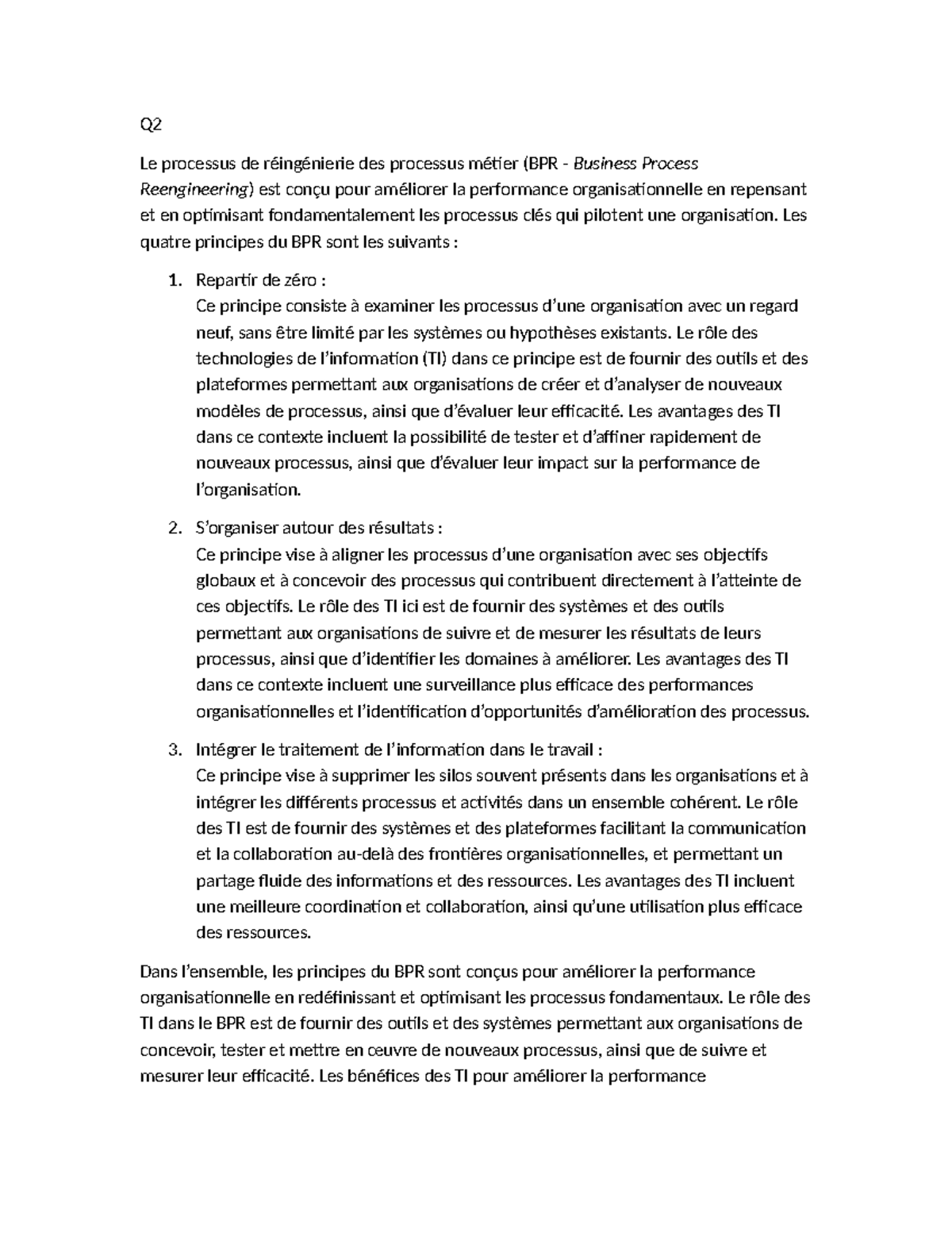 Q2 - Les principes du BPR pour améliorer la performance ...