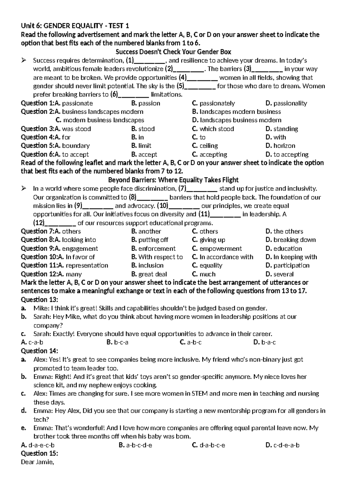 Unit 6: GENDER EQUALITY TEST 1 - Questions and Answers - Studocu