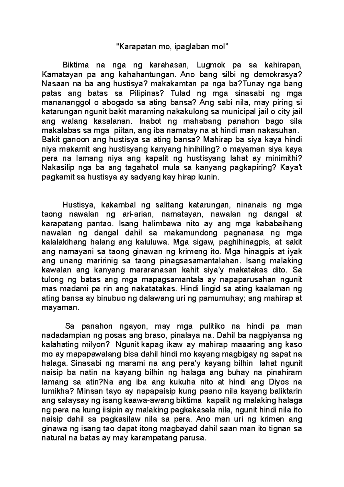 Talumpati Tungkol sa Katarungan at Hustisya - Filipino 10 - Studocu