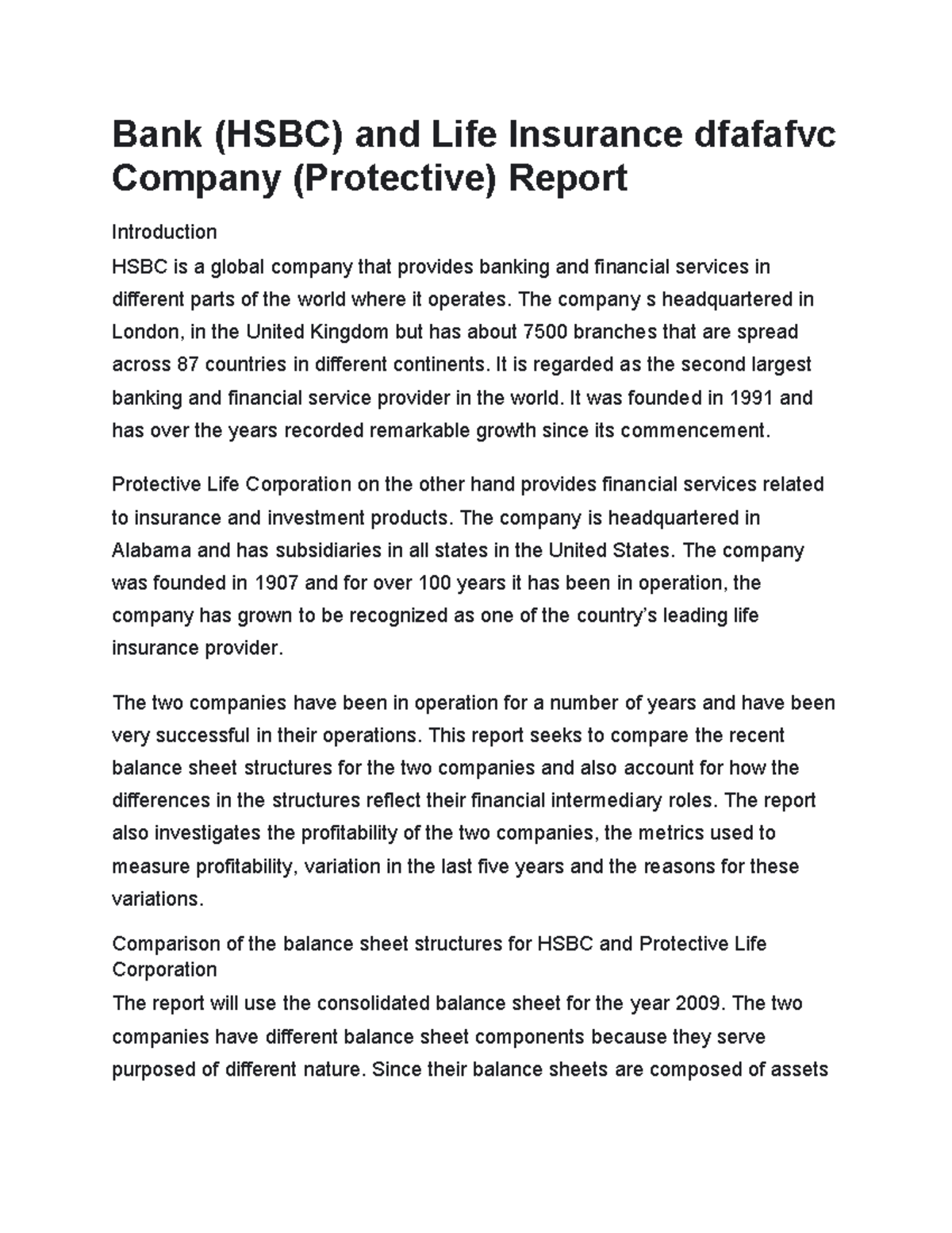 HSBC vs Protective Life: A Comparative Financial Analysis Report - Studocu
