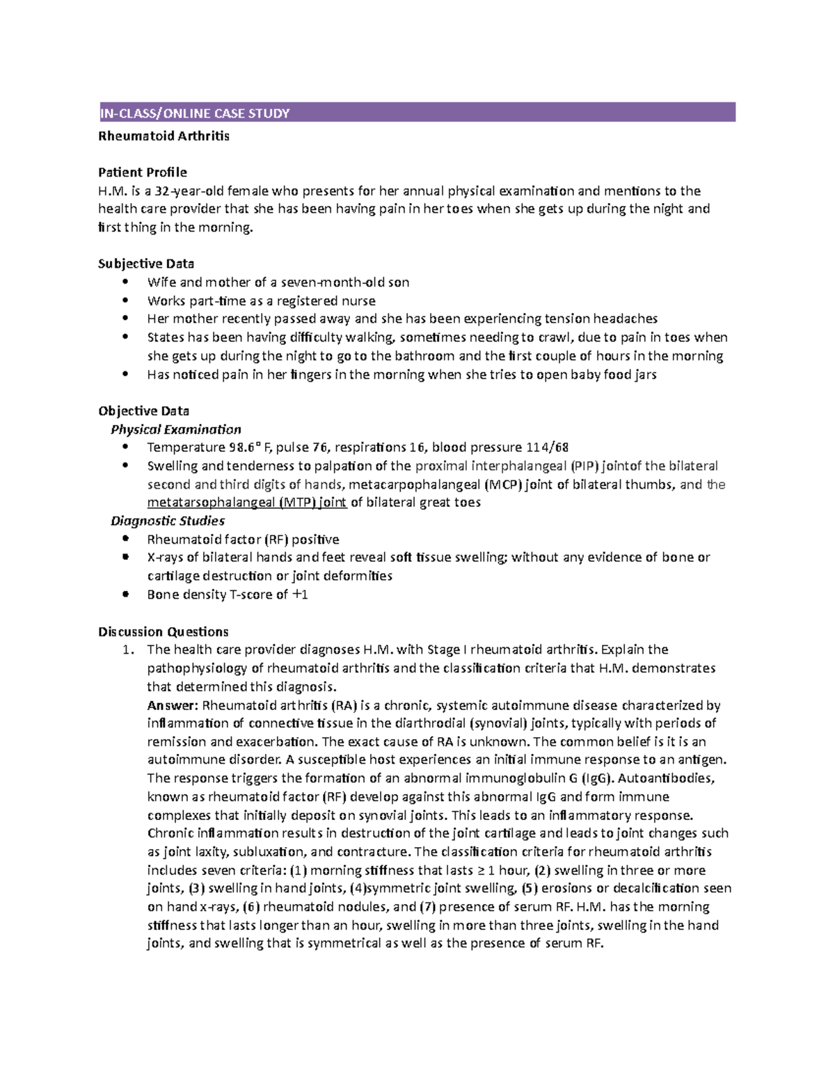 Rheumatoid Arthritis Case Study (Patient H.M.) - In-Class Analysis ...