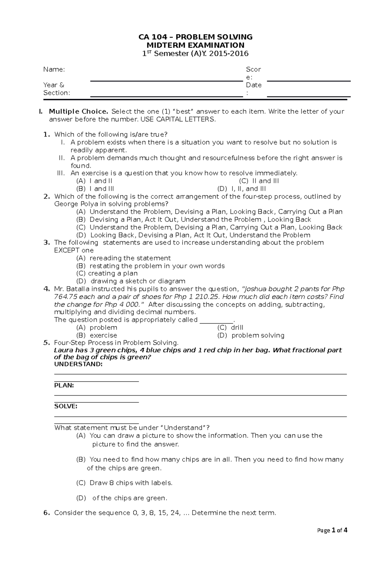 CA104 midterm - Examination - CA 104 – PROBLEM SOLVING MIDTERM ...
